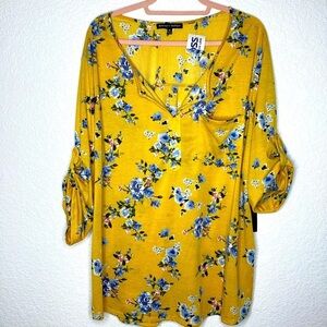 NEW ALWAYS INDIGO‎ PLUS SIZE 3X TOP YELLOW BLUE FLORAL BLOUSE NWT